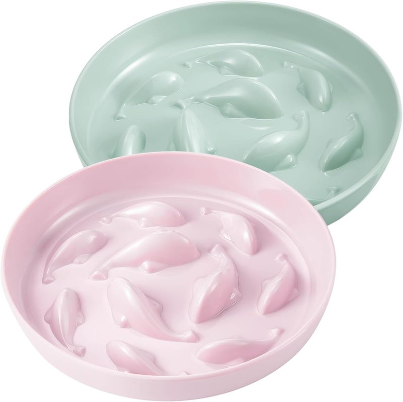 Nitial 2 Pcs Cat Slow Feeder Bowl Fish Pool Design Feeder Dish Fun Interactive Cat Food Bowl Healthy Eating Diet Bowls for Pet Puppy Dogs Dishwasher Safe(Green, Pink) - Image 1